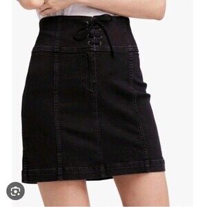 Free People Lace Up Denim Short Skirt Size 0 Black Corset High Rise BOHO